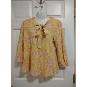 Lilly & Van Floral Paisley 3/4 Sleeve Top Yellow/ Multicolor Floral Size Medium